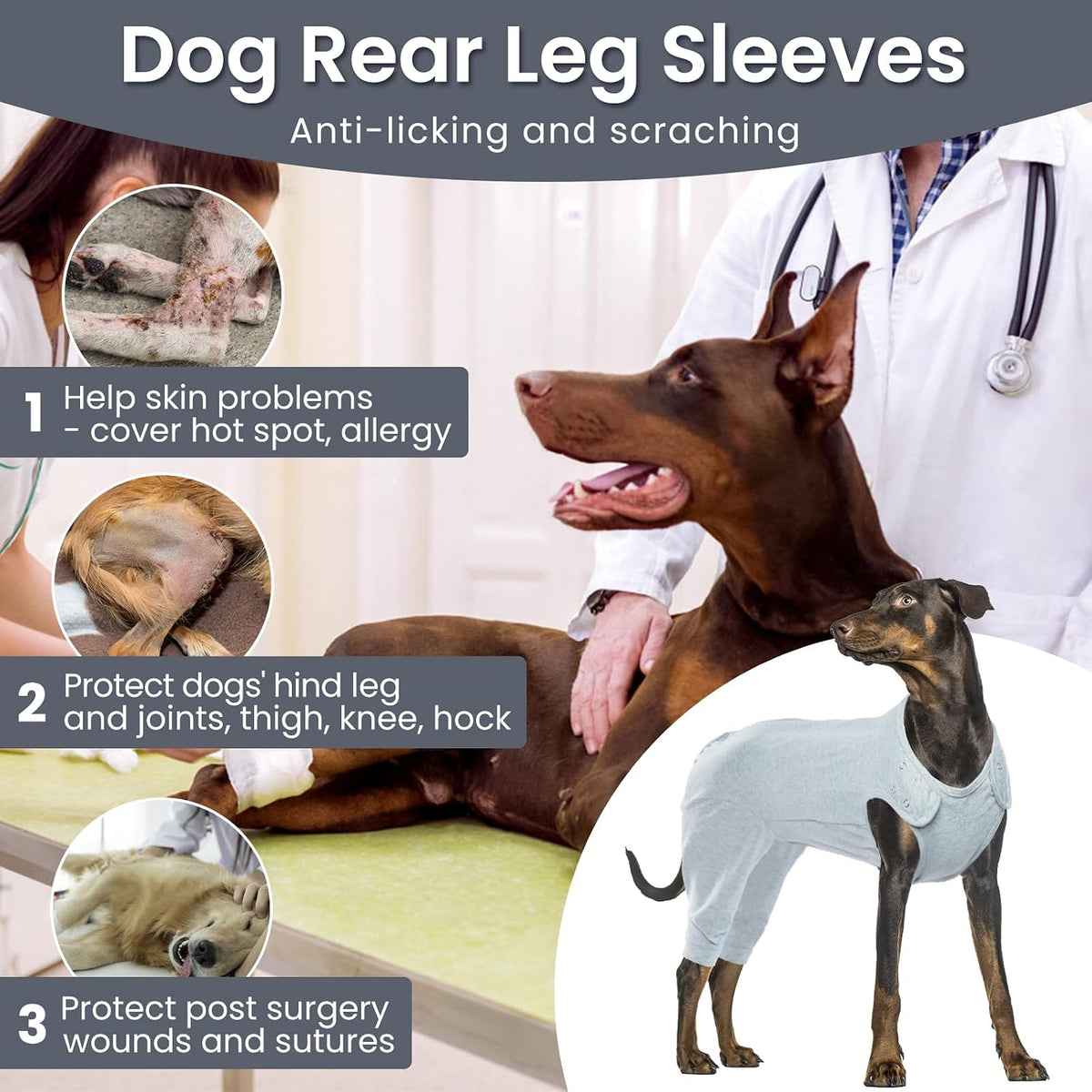 Dog rear leg sleeves product advertisement with a dog and a vet, showing benefits like anti-licking and scratching.