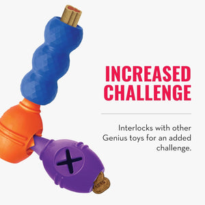 Colorful dog toy with text about increased challenge and interlocking with other toys at Pet Servo