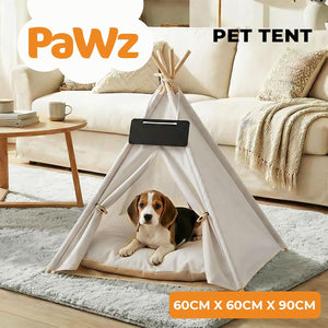 Pet tent with a dog inside, branded as PaWz, in a living room setting at Pet Servo