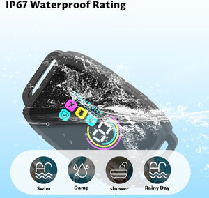 Smartwatch with water resistance symbols and text indicating IP67 rating on a light blue background at Pet Servo