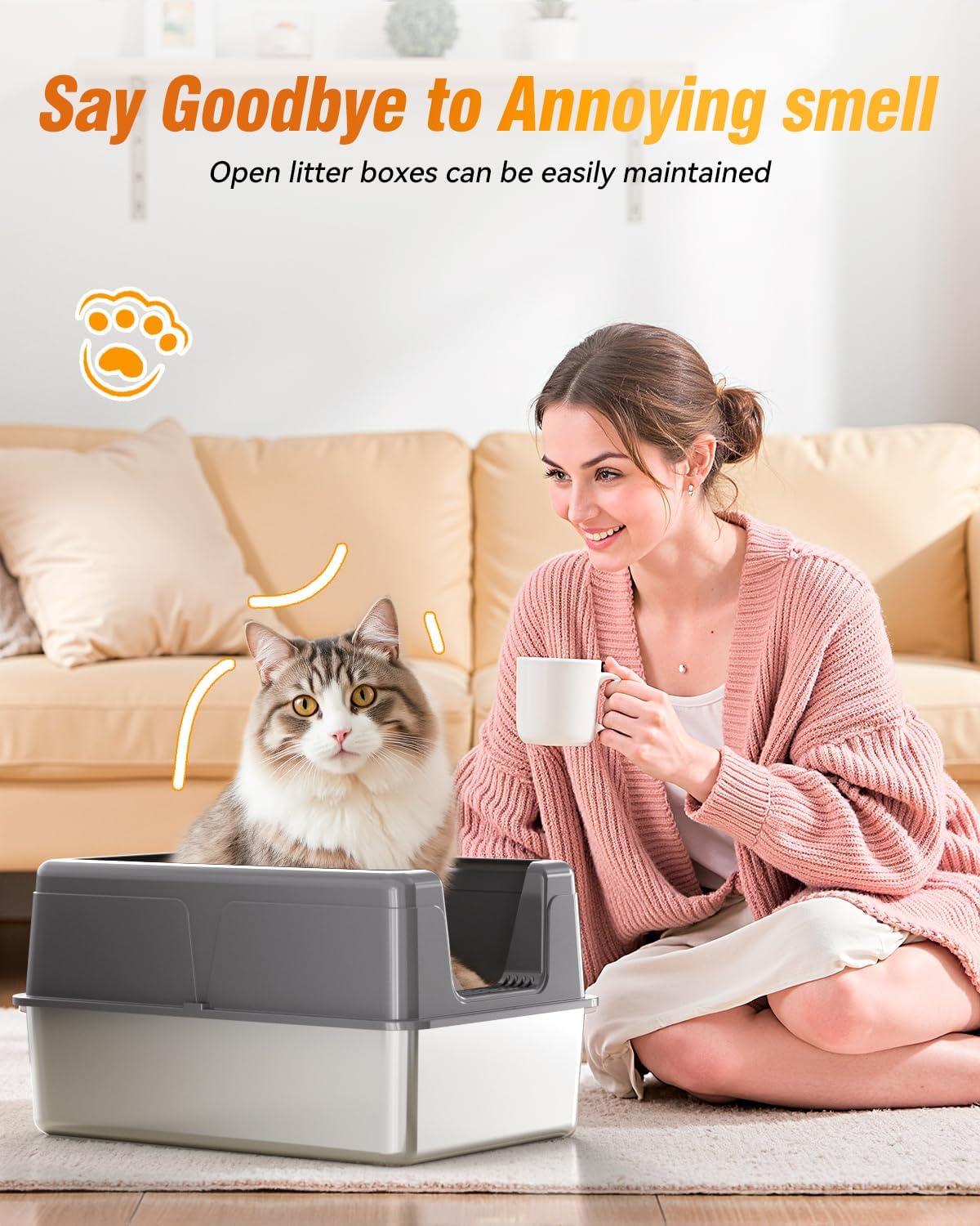 Woman with a cat using a litter box, with text about maintaining open litter boxes at Pet Servo
