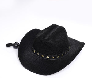 Black cowboy hat with star embellishments on a white background at Pet Servo