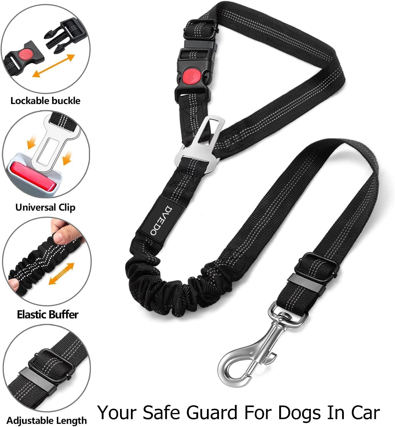 Black dog car seat belt with safety features on a white background at Pet Servo