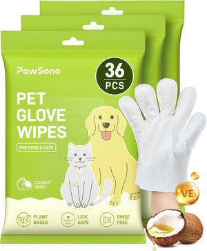 Packaging of PawSano pet glove wipes for dogs and cats with a green background at Pet Servo