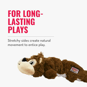 Brown plush toy with a label on a white background, featuring text about long-lasting plays at Pet Servo