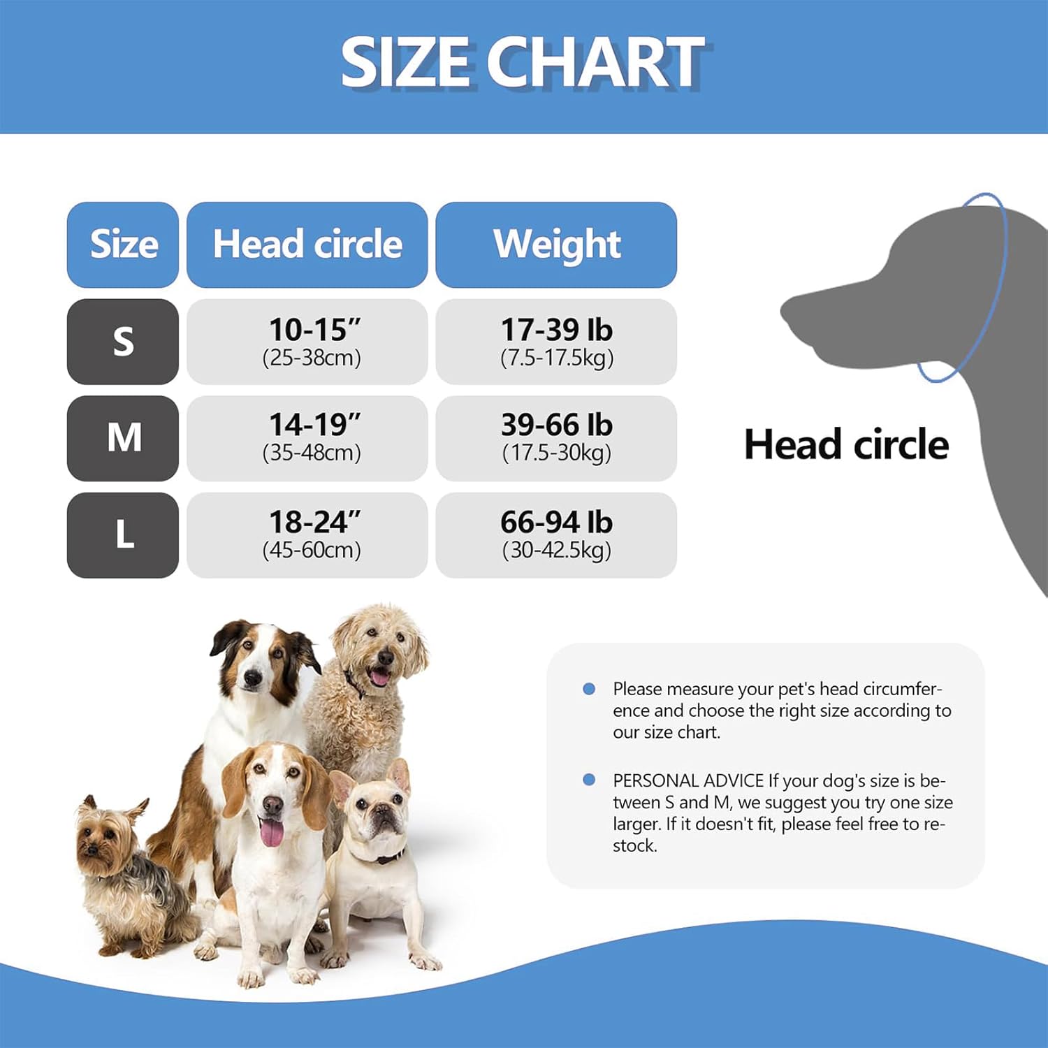 Size chart for dog collars with head circumference and weight ranges at Pet Servo