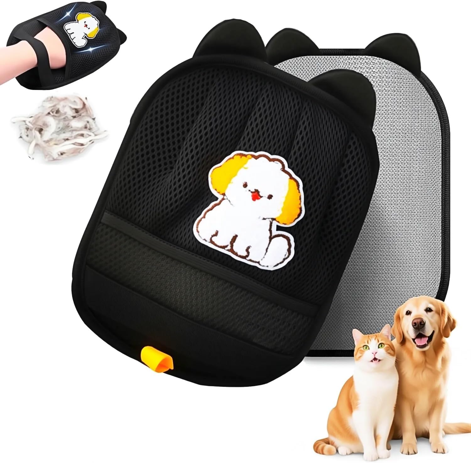Black pet car seat cover with cartoon dog design, a paw print, and two pets sitting next to it at Pet Servo