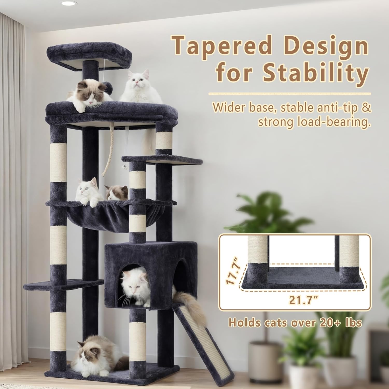 Cat tree with multiple levels and platforms, featuring text on stability and capacity at Pet Servo