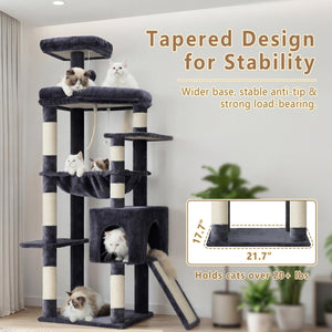 Cat tree with multiple levels and platforms, featuring text on stability and capacity at Pet Servo