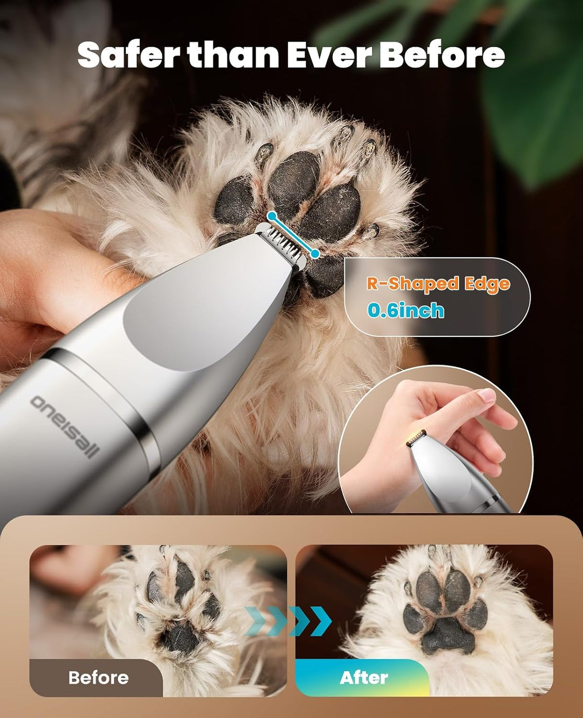 Pet nail trimmer being used on a dog's paw with before and after images shown.