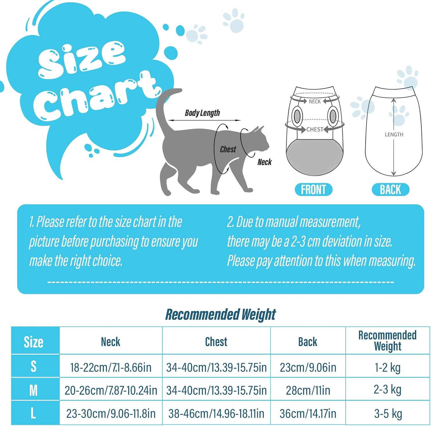 Cat size chart with measurements and recommended weights on a white background at Pet Servo