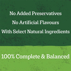 A green and light green textured graphic with white text reading 'No Added Preservatives', 'No Artificial Flavors', 'With Select Natural Ingredients', and '100% Complete & Balanced'.