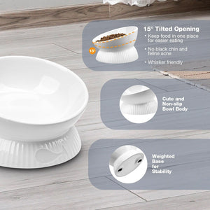 White elevated cat bowl with features highlighted on a wooden floor at Pet Servo