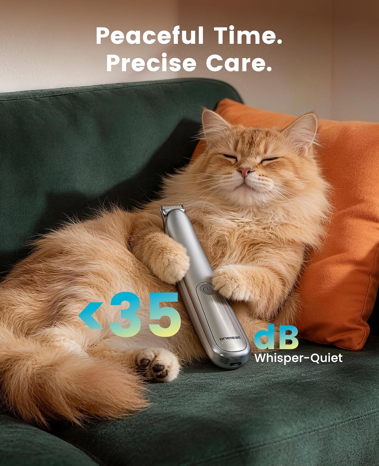 Cat lying on a couch with a grooming tool, text 'Peaceful Time. Precise Care.' and '35 dB Whisper-Quiet' displayed at Pet Servo