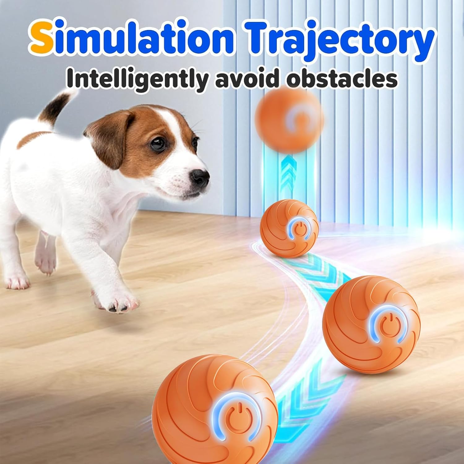 Dog toy with simulation trajectory and obstacle avoidance feature on a wooden floor at Pet Servo