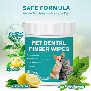 A jar of pet dental finger wipes centered on a light blue-green background with promotional text, ingredient callouts including lemon, glycerin, and tea polyphenols, and a dog and cat printed on the label at Pet Servo