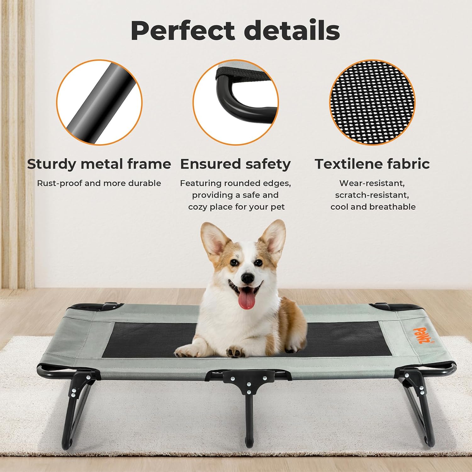 Dog lying on a pet bed with features highlighted on the side at Pet Servo