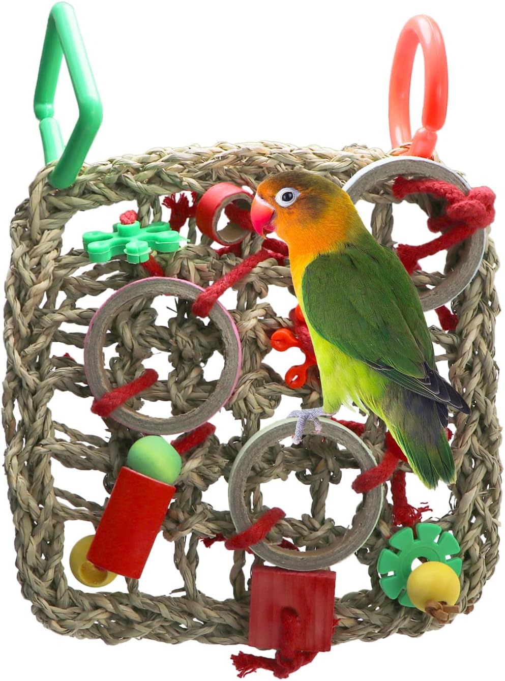 Bird playing with a colorful woven bird toy on a white background at Pet Servo