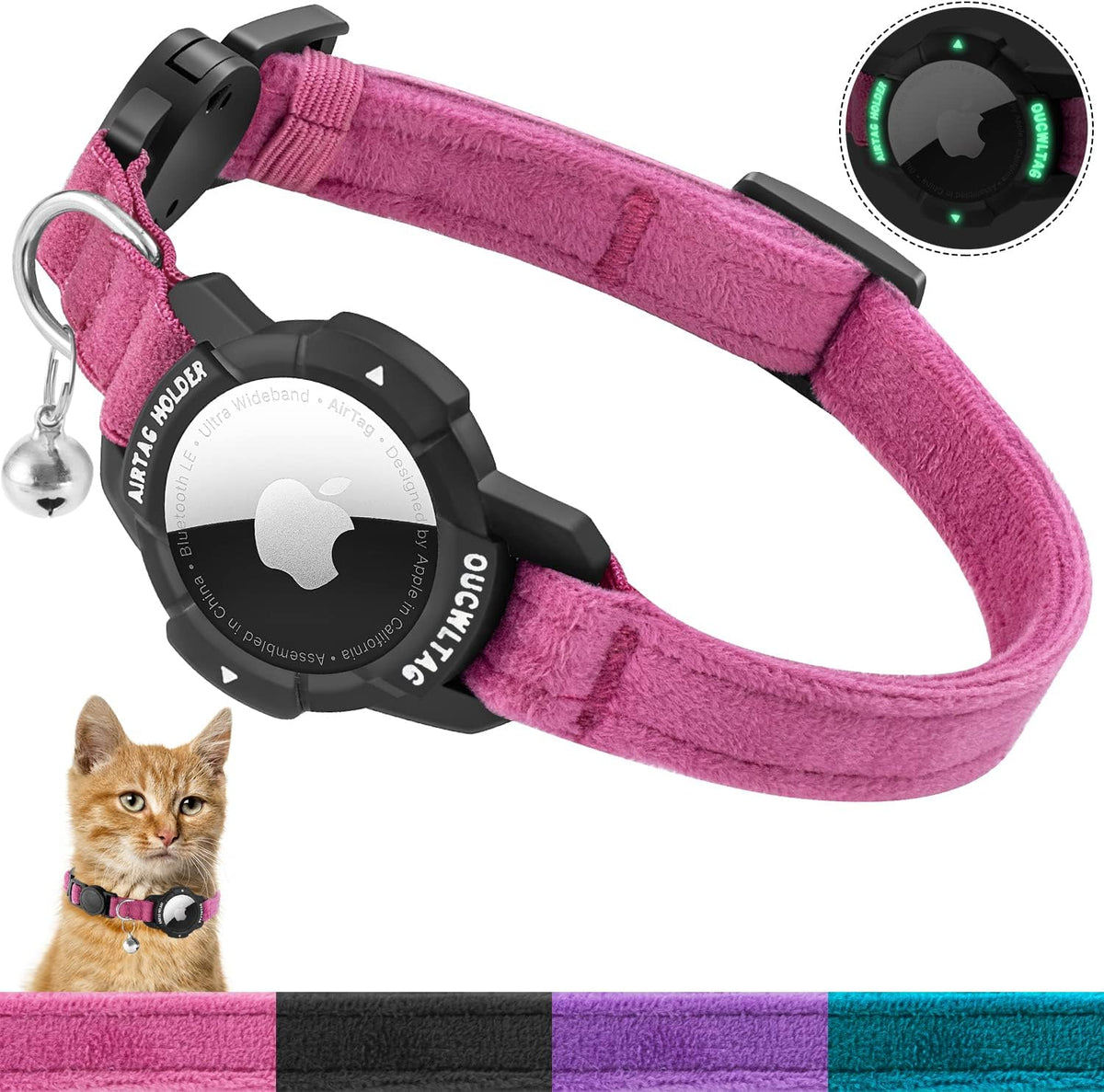 Pink pet collar with a black device attached, featuring a close-up inset and a small cat wearing the collar at Pet Servo