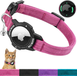 Pink pet collar with a black device attached, featuring a close-up inset and a small cat wearing the collar at Pet Servo