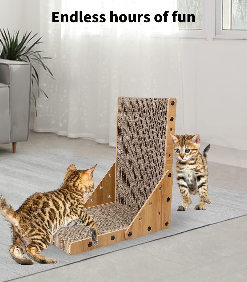 A wooden cat scratching tower with a sisal-wrapped scratching panel, shown in a bright living room with two kittens interacting with it. Text at the top reads 'Endless hours of fun' at Pet Servo