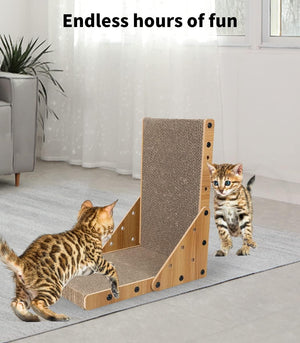 A wooden cat scratching tower with a sisal-wrapped scratching panel, shown in a bright living room with two kittens interacting with it. Text at the top reads 'Endless hours of fun' at Pet Servo