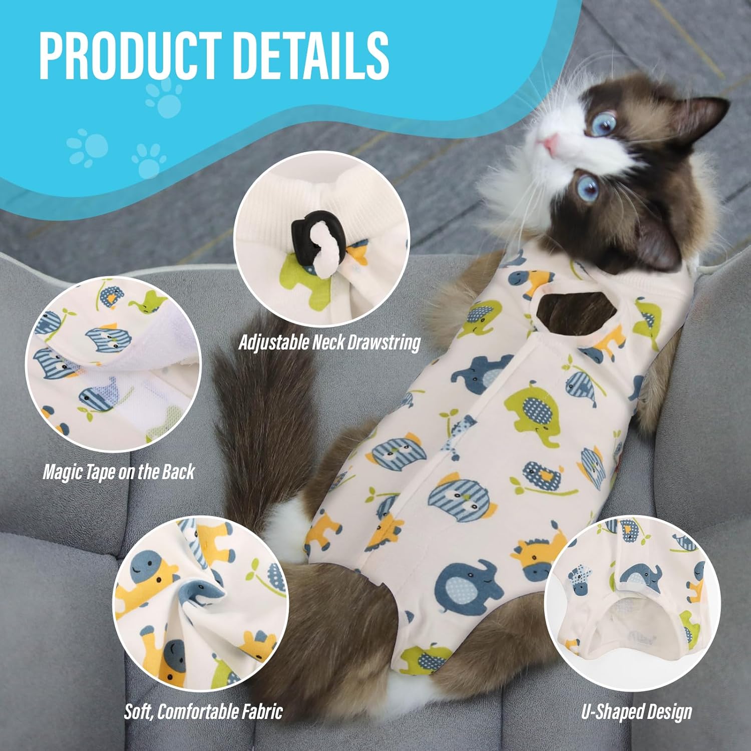Cat wearing a patterned garment with product details highlighted at Pet Servo