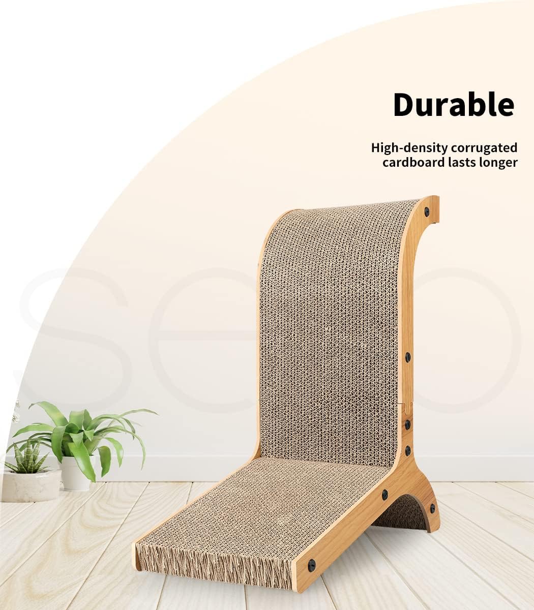 A cat scratcher perch with a curved backrest and scratching platform, shown on a light wood floor against a white wall with a small plant and text reading 'Durable' and 'High-density corrugated cardboard lasts longer' at Pet Servo