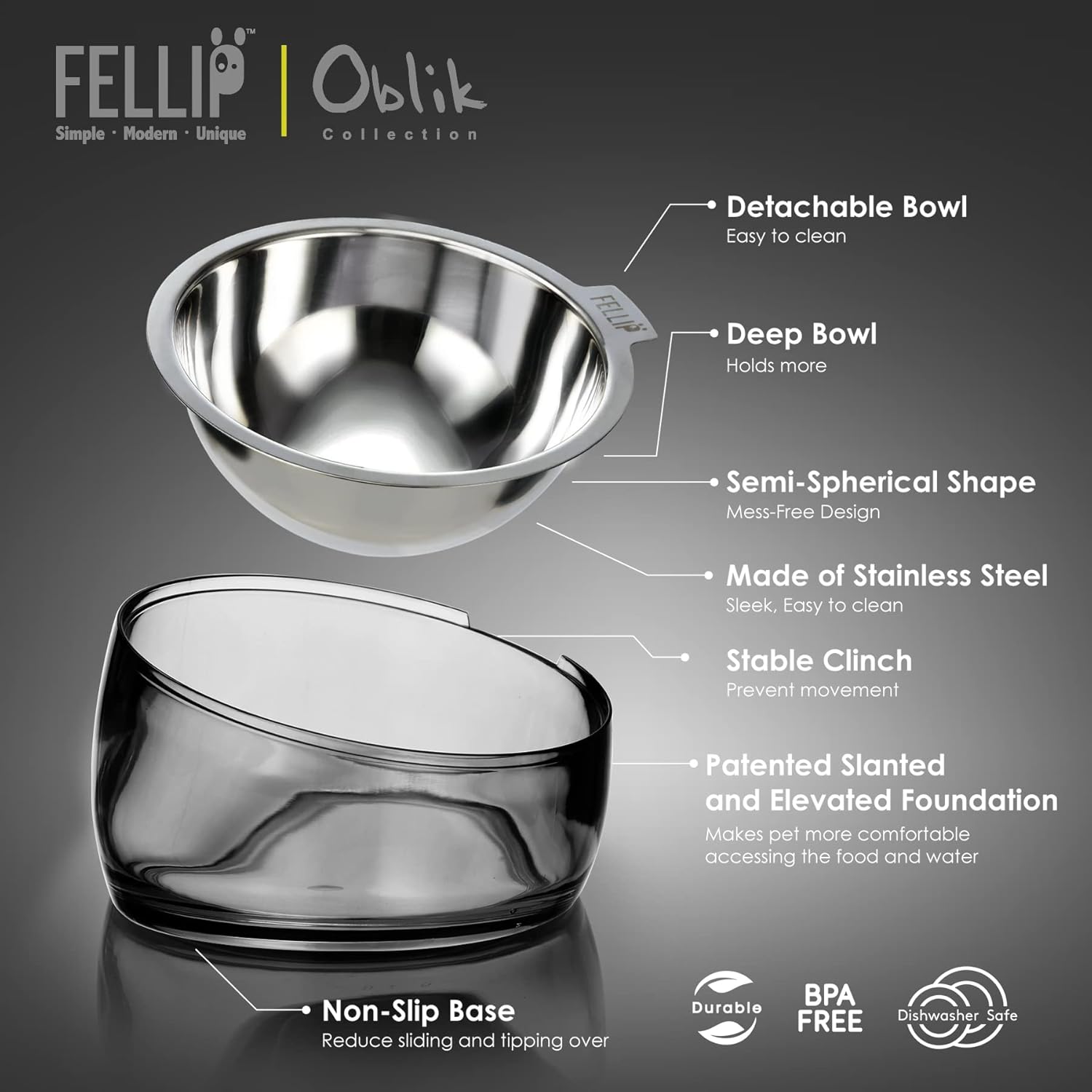 Fellip Oblik stainless steel pet bowl set shown on a dark gray background with callout lines and text listing features such as detachable bowl, deep bowl, semi-spherical shape, stainless steel construction, stable clinch, non-slip base, and BPA free at Pet Servo