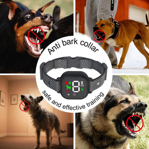 Anti-bark collar with images of dogs barking and being trained at Pet Servo