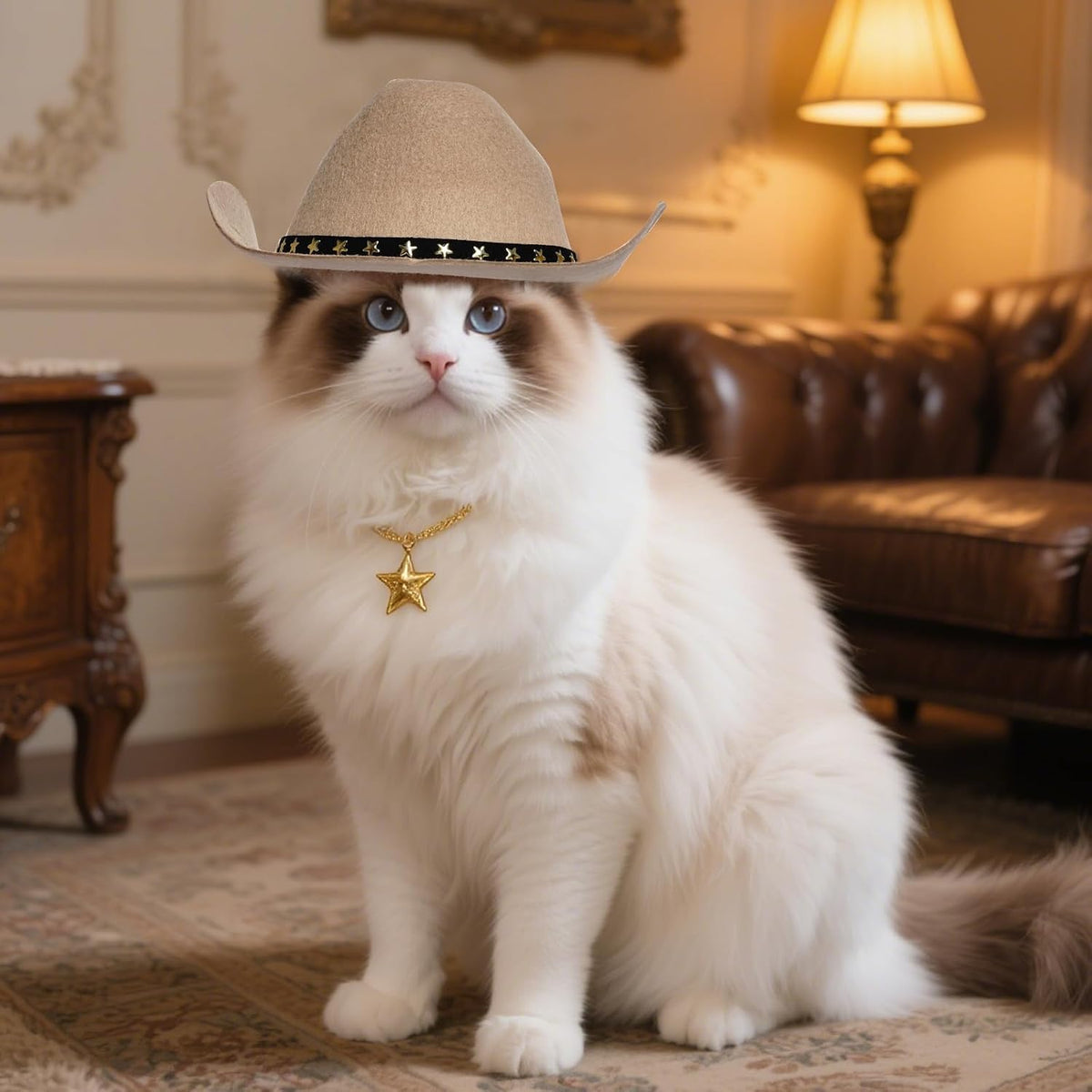 Cat wearing a cowboy hat and star-shaped pendant in an elegant room at Pet Servo