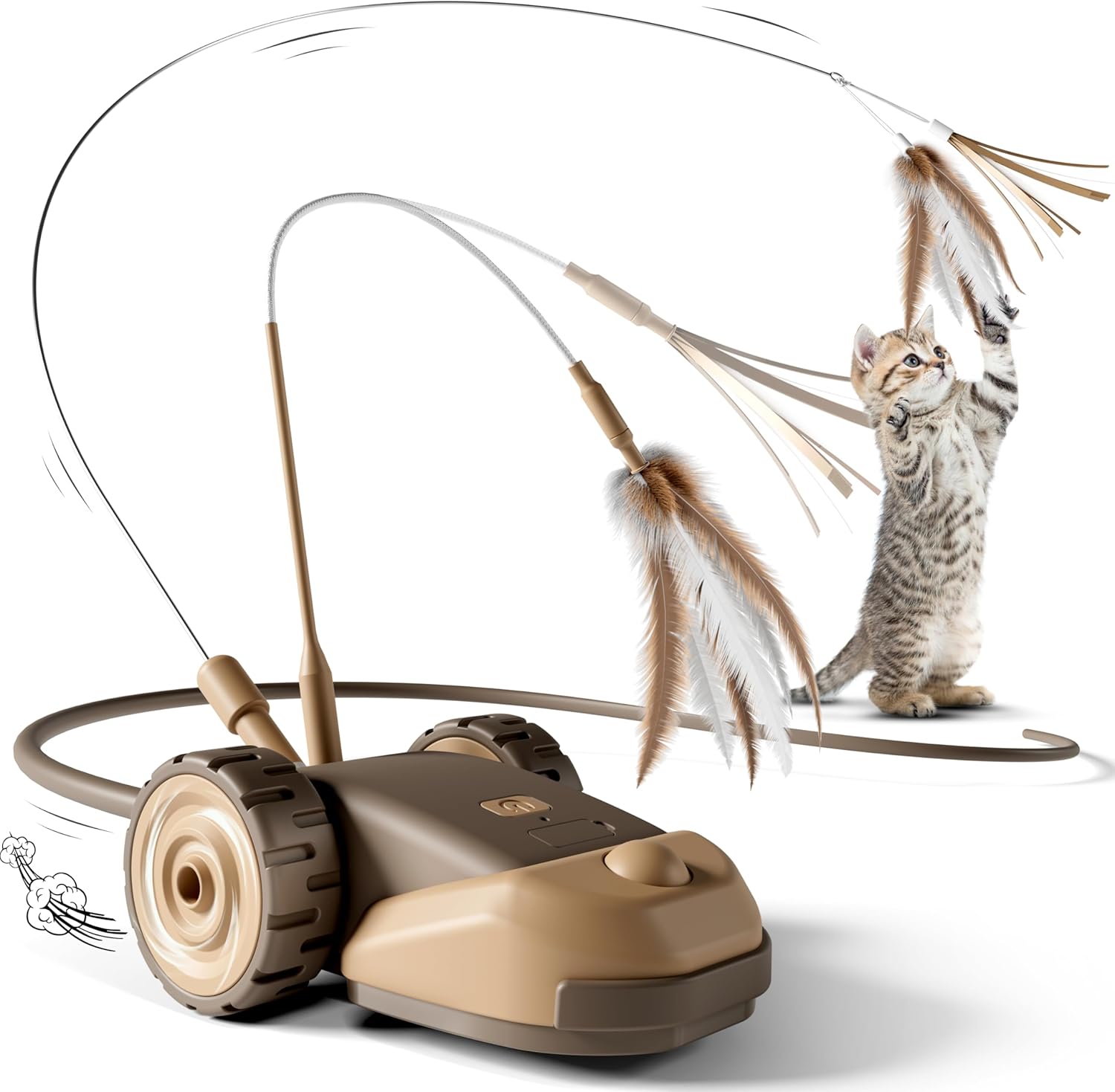 Cat toy with feathered wand and a cat interacting with it on a white background at Pet Servo