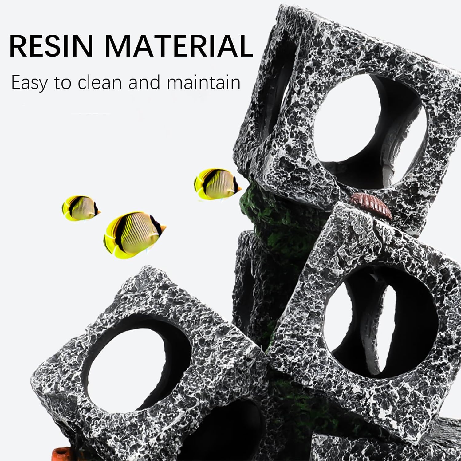 Resin material aquarium rocks with fish and text on a white background at  at Pet Servo