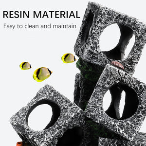 Resin material aquarium rocks with fish and text on a white background at  at Pet Servo