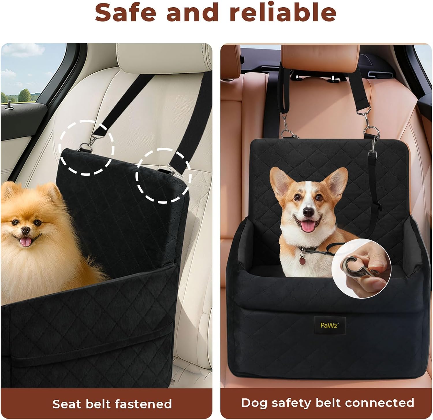 A car seat safety harness accessory shown in a side-by-side comparison on a car interior. The left panel shows a small fluffy dog sitting behind a black quilted car seat belt fastener panel, with dashed circles highlighting the seat belt connection area at Pet Servo