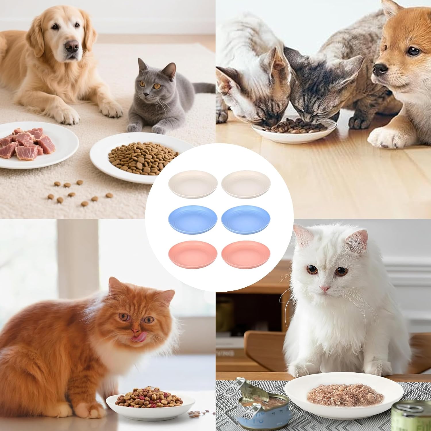 Collage of dogs and cats with food bowls and pet food at Pet Servo