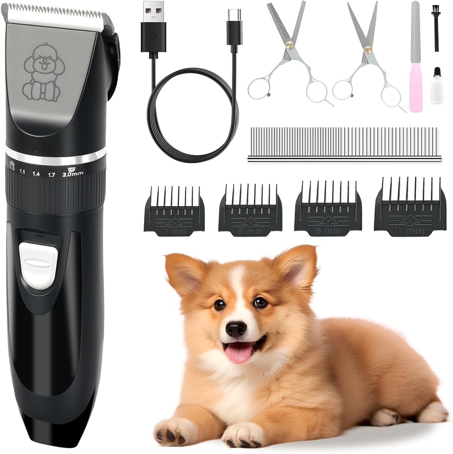 Electric pet grooming clipper set shown with a small corgi dog on a white background, including the black clipper with guard combs, USB charging cable, metal scissors, nail clipper, comb, and a training treat stick at Pet Servo