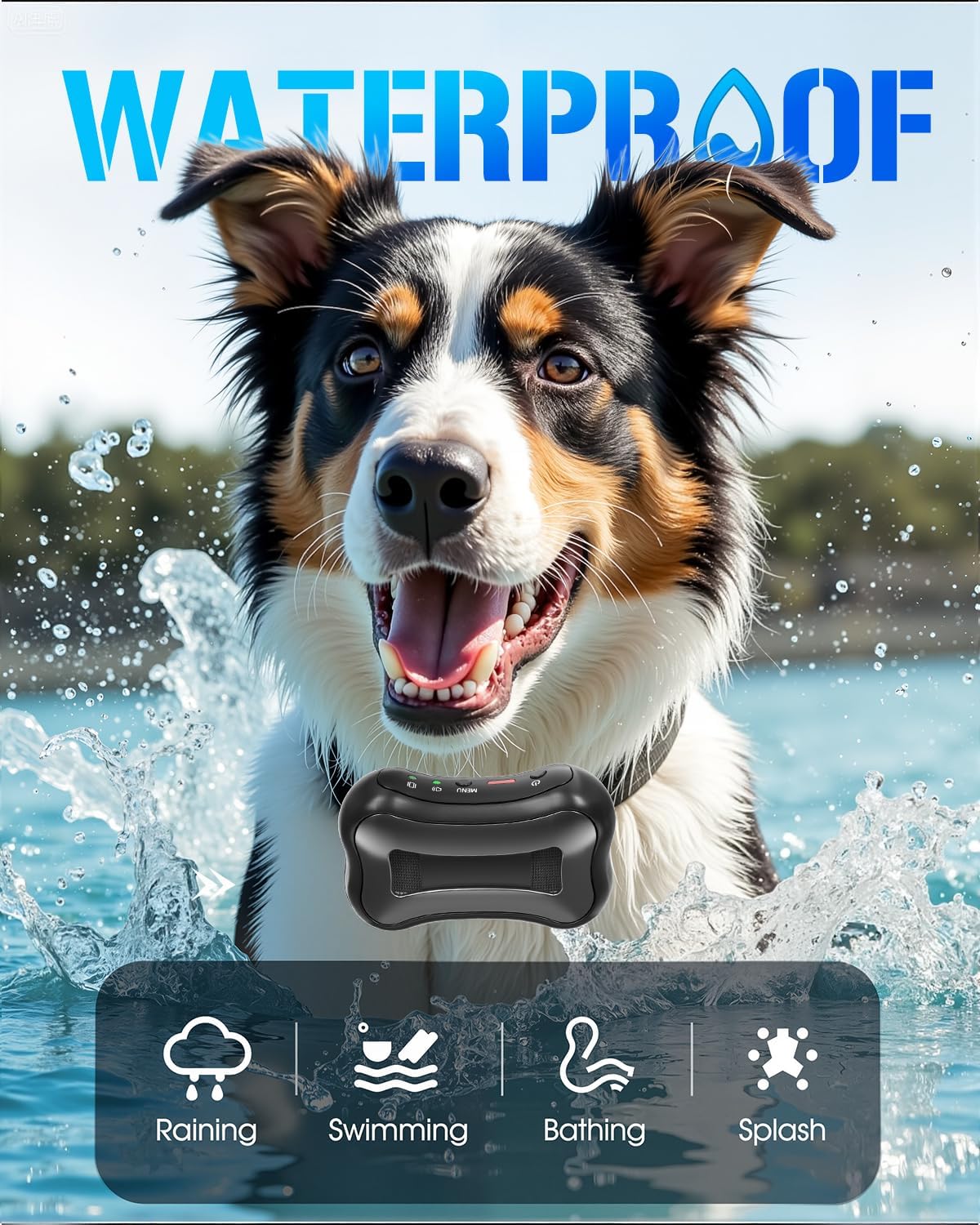 Dog wearing a waterproof dog tag with water splashes and 'Waterproof' text at Pet Servo
