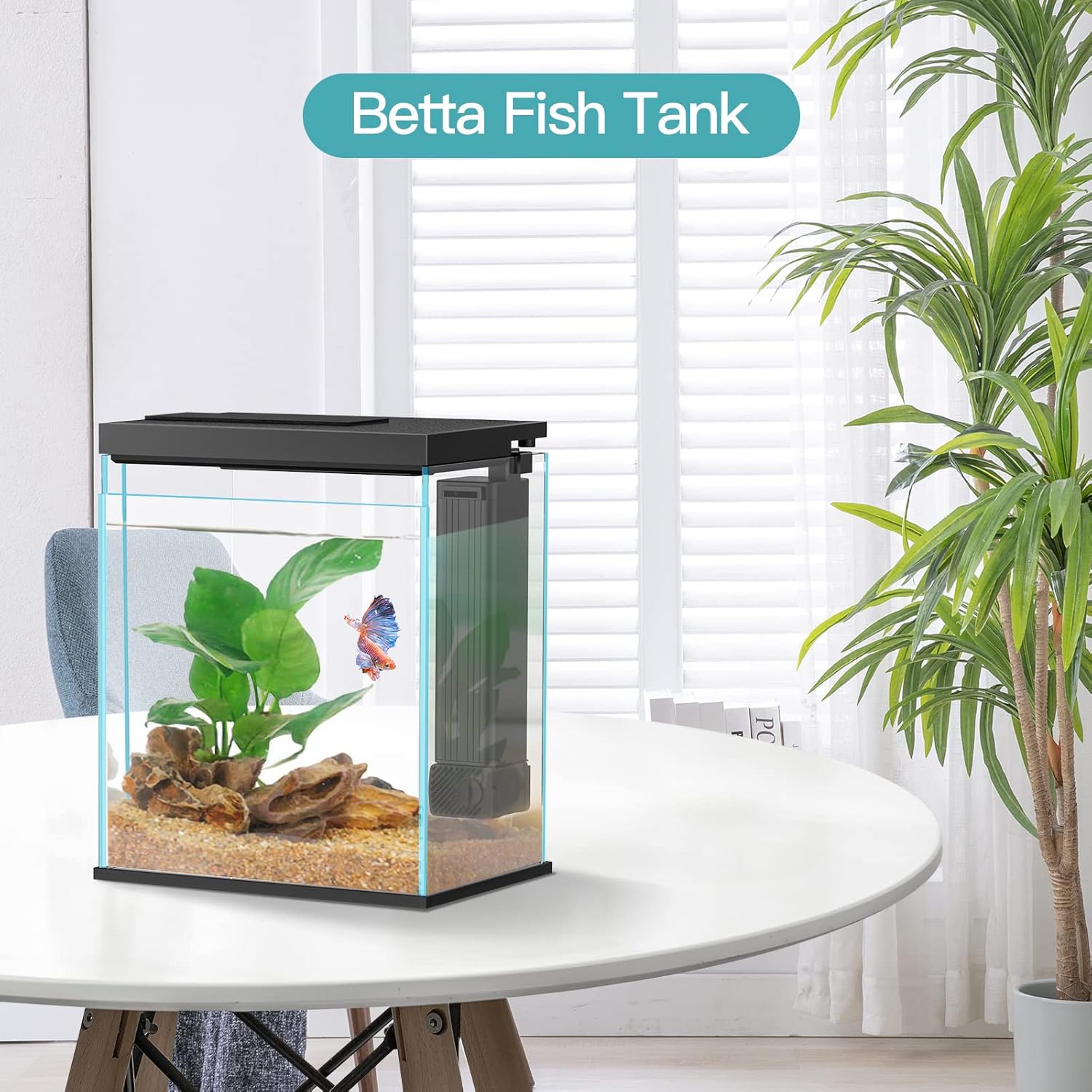 Betta fish tank on a table with plants and a butterfly decoration, labeled 'Betta Fish Tank'.