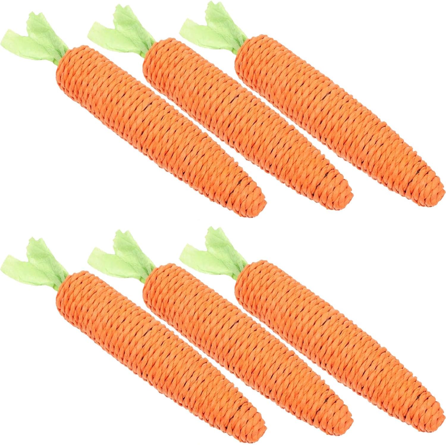Set of carrot-shaped dog toys with green stems on a white background at Pet Servo