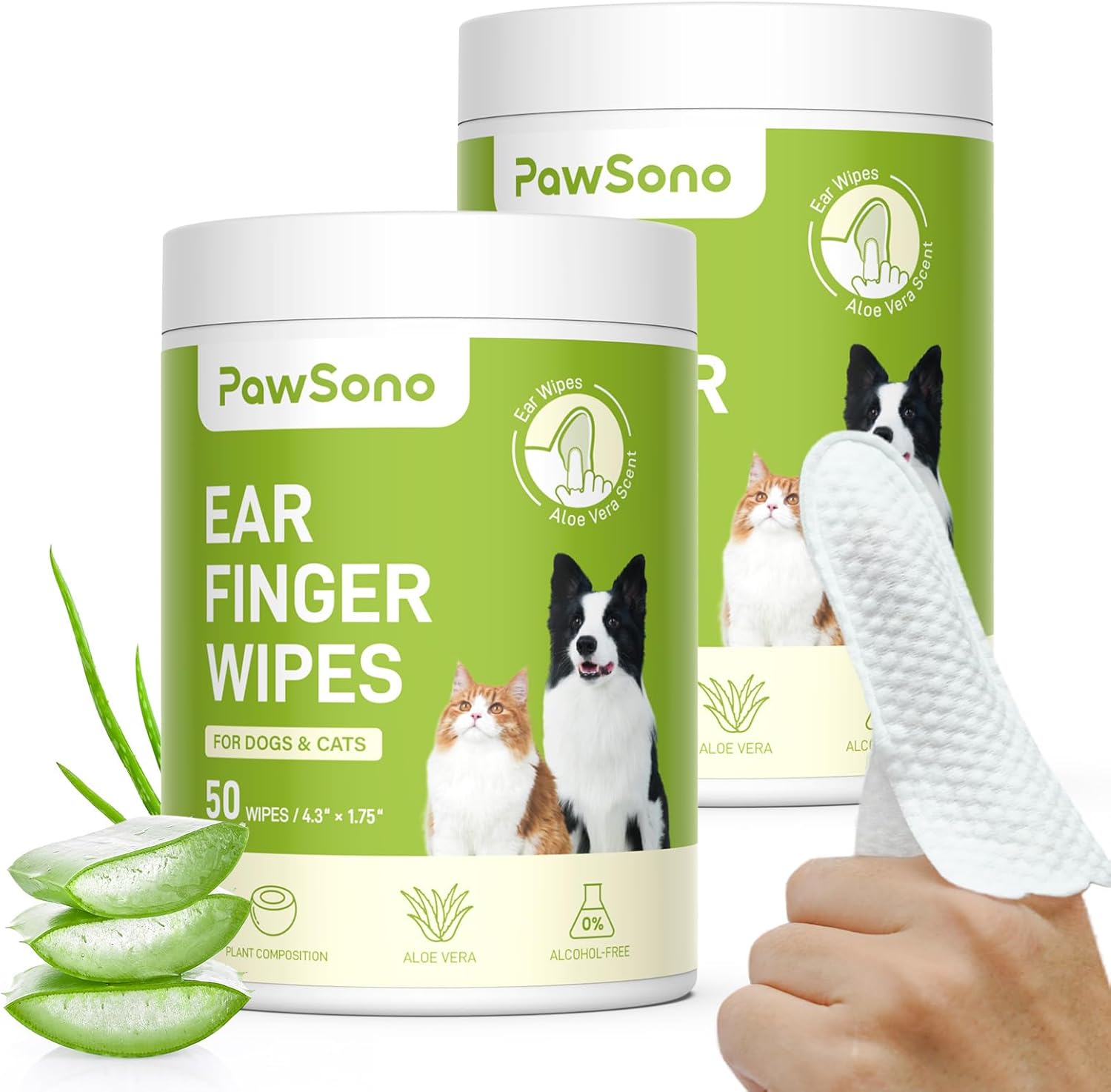 PawSono ear finger wipes for dogs and cats with aloe vera, displayed with packaging and a hand holding a wipe at Pet Servo