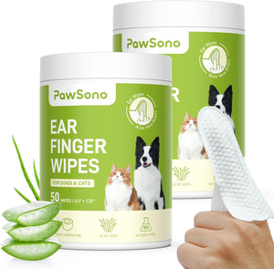 PawSono ear finger wipes for dogs and cats with aloe vera, displayed with packaging and a hand holding a wipe at Pet Servo