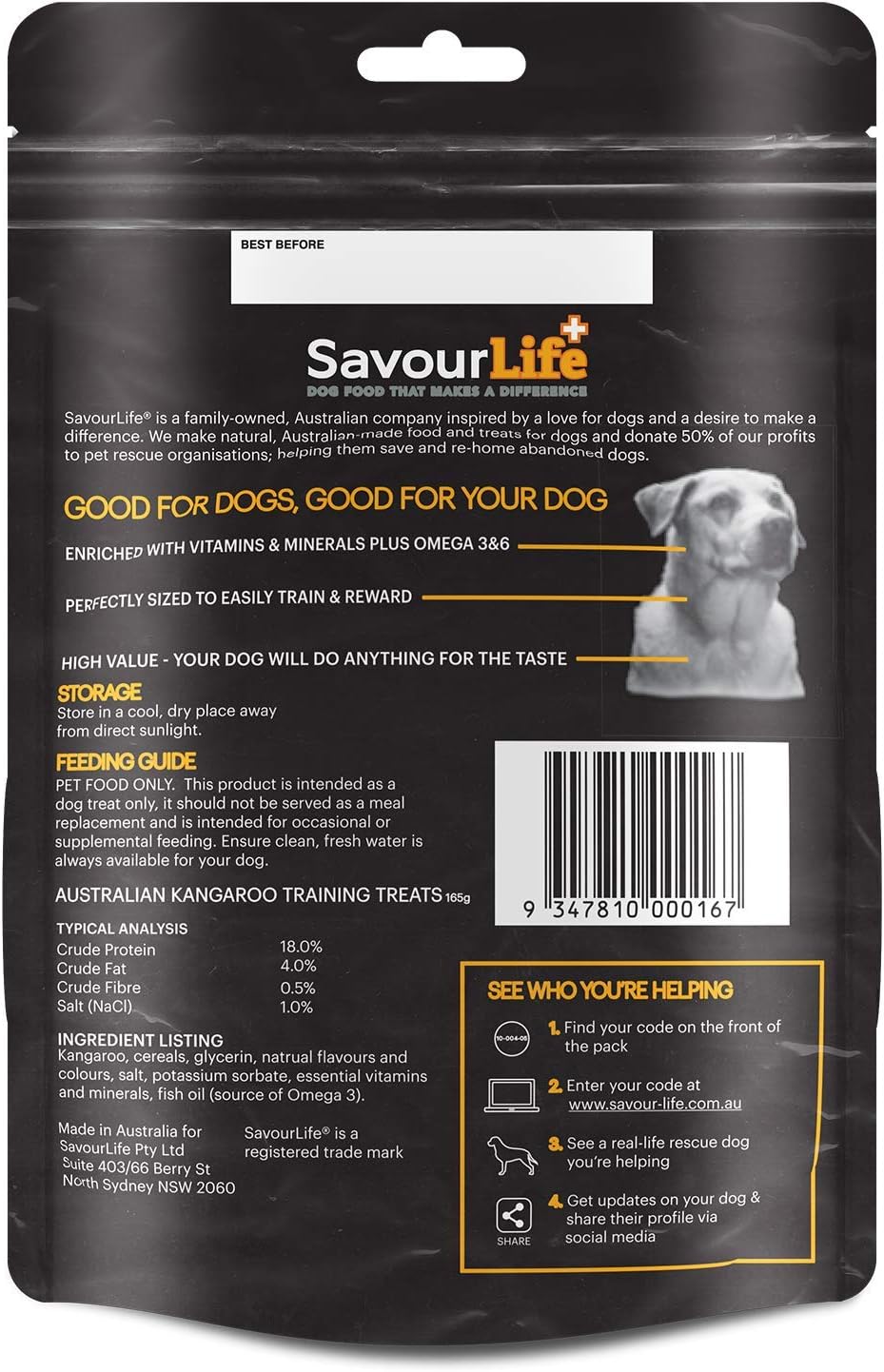 SavourLife dog food packaging with text and a barcode on a black background at Pet Servo