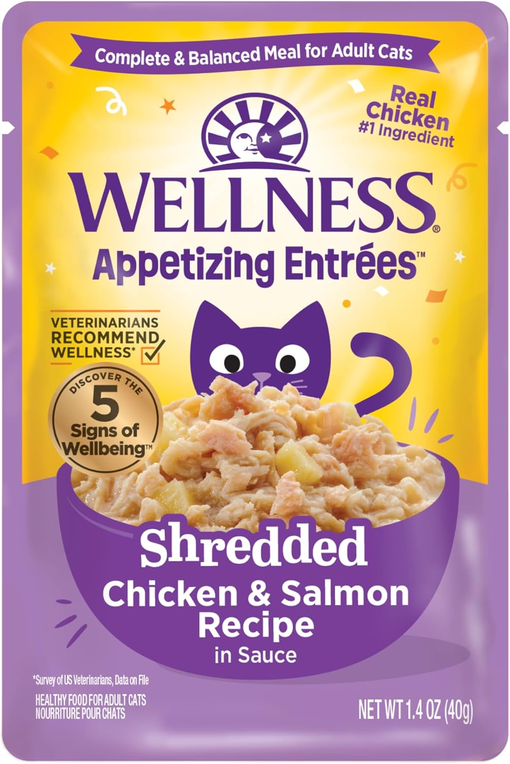 Wellness cat food pouch with shredded chicken and salmon recipe on a yellow and purple background at Pet Servo