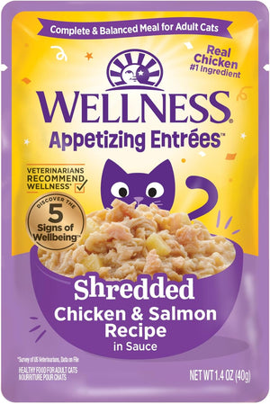 Wellness cat food pouch with shredded chicken and salmon recipe on a yellow and purple background at Pet Servo