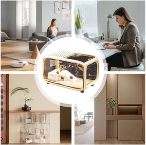 Collage of a woman working at a desk, a robot vacuum cleaner, and a modern office setup at Pet Servo