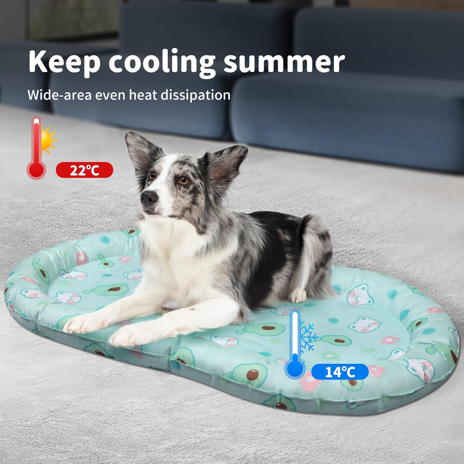 Dog lying on a cooling pad with temperature display, sitting on a carpeted floor at Pet Servo