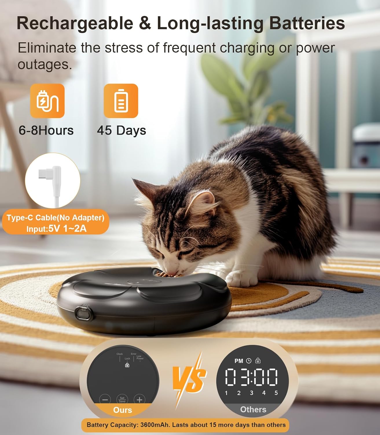 Cat interacting with a device on a wooden floor, with text about rechargeable batteries and charging times at Pet Servo