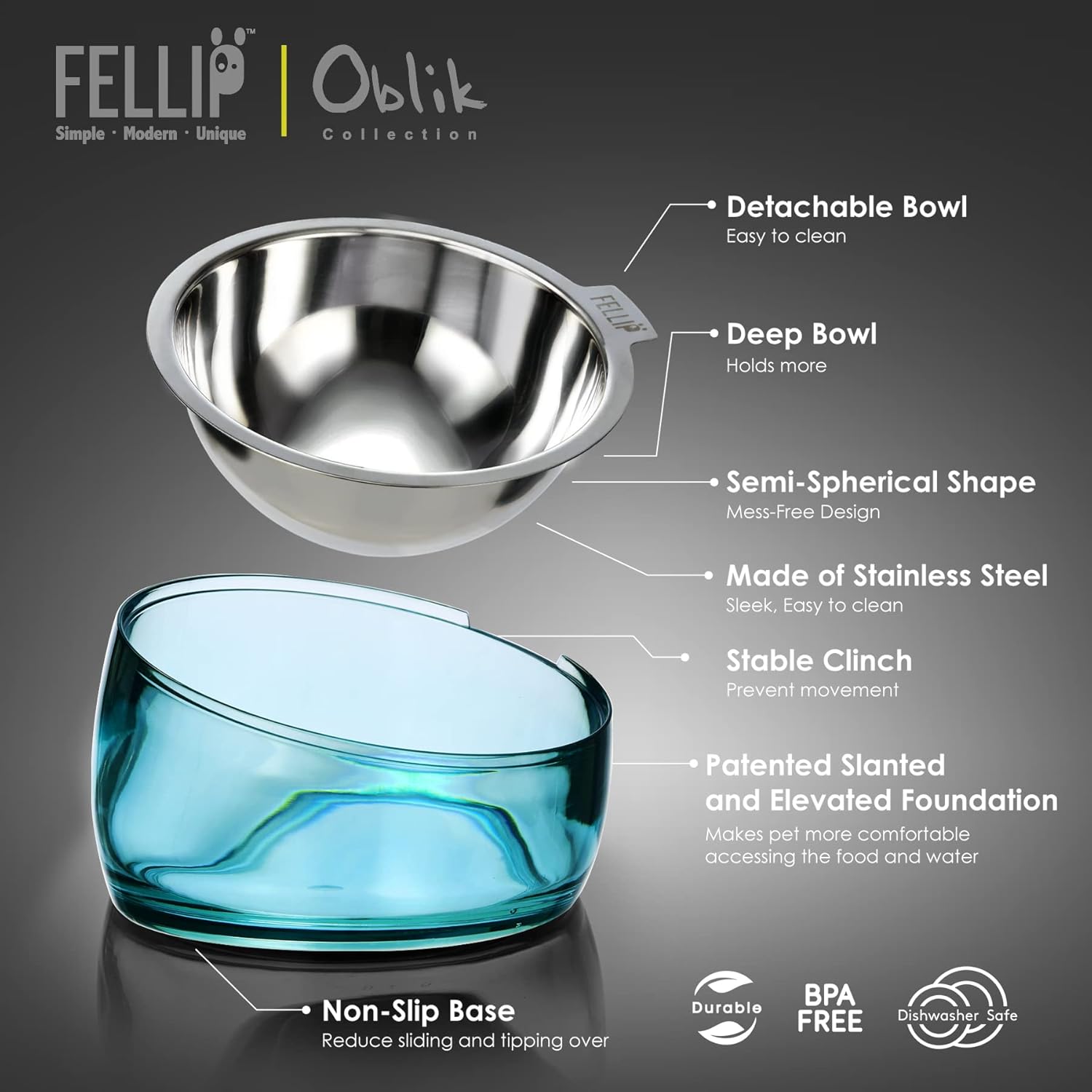 Fellù Oblik pet bowls product graphic showing a stainless steel bowl above a translucent blue elevated base, with callout lines and text listing features like detachable bowl, deep bowl, semi-spherical shape, stainless steel, stable clinch, non-slip base, and BPA free at Pet Servo