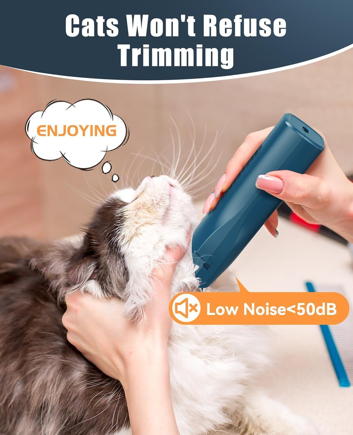 Person trimming a cat's fur with a low-noise grooming tool, cat enjoying the process at Pet Servo